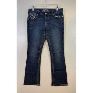 Paisley Sky Jeans Women's 10 Blue Denim Distressed Low Rise Boot Cut Embroidered